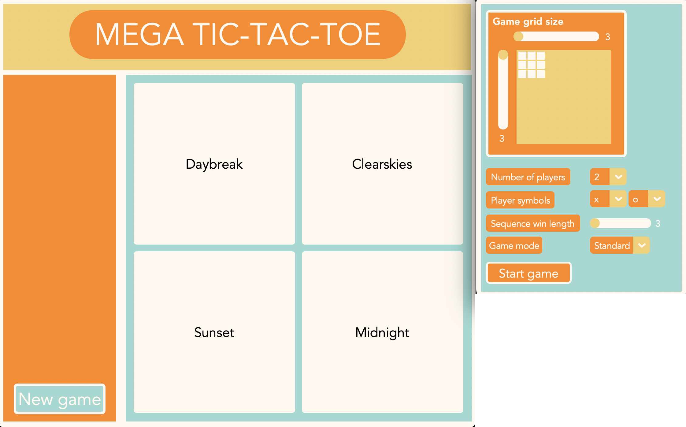 The home screen of Mega Tic-Tac-Toe